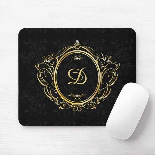 Gold Rahmen schwarzer Damast aus Luxus Monogram Mousepad (Mit Mouse)