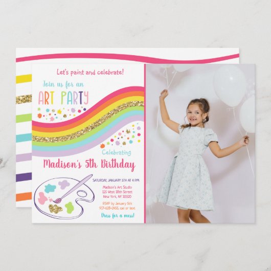 Gold Rainbow Art Party Dress for Mess Birthday Einladung (Vorne/Hinten)