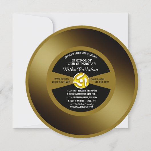 Gold Record Vinyl 45 Renten Party Einladung (Vorderseite)
