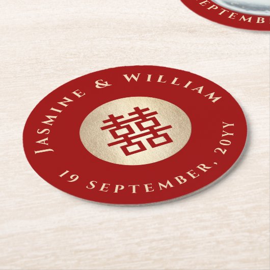 Gold Rectangle Double Happiness Chinese Wedding Runder Pappuntersetzer (Angewinkelt)