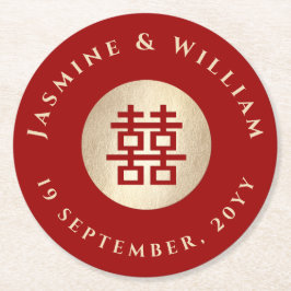 Gold Rectangle Double Happiness Chinese Wedding Runder Pappuntersetzer