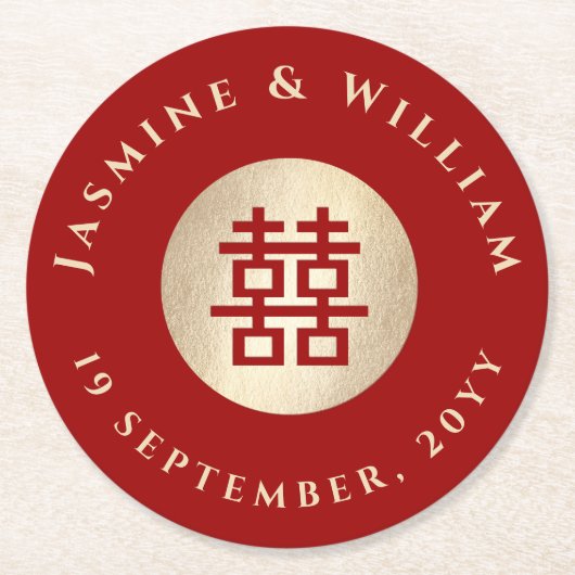 Gold Rectangle Double Happiness Chinese Wedding Runder Pappuntersetzer (Vorderseite)