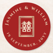 Gold Rectangle Double Happiness Chinese Wedding Runder Pappuntersetzer (Vorderseite)