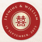 Gold Rectangle Double Happiness Chinese Wedding Runder Pappuntersetzer (Vorderseite)