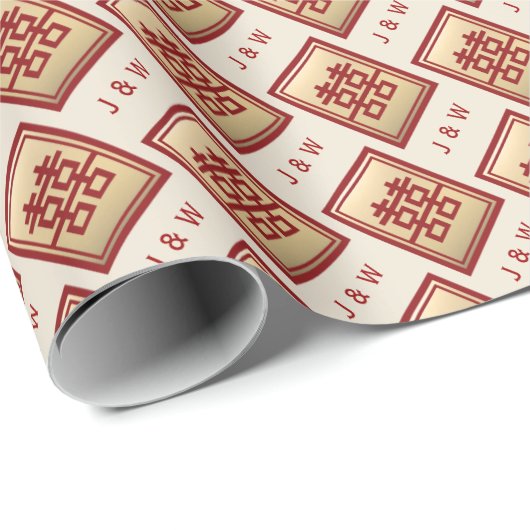 Gold Rectangle Double Happiness Chinese Wedding Wr Geschenkpapier (Rolleneckpunkt)