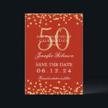 Gold Red 50. Geburtstag Save the Date Details Einladung<br><div class="desc">Elegantes "50th Birthday Party" Design mit Imitats Glitzer Konfetti & Details Text. Einfach zu bedienen und leicht zu personalisieren. Bestelle noch heute!</div>