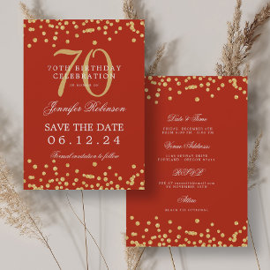 Gold Red 70. Geburtstag Save the Date Details Einladung