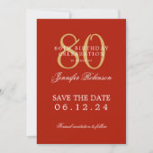 Gold Red 80. Geburtstag Save the Date Einladung (Vorderseite)