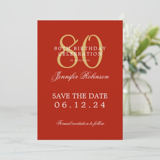 Gold Red 80. Geburtstag Save the Date Einladung (Stehend Vorderseite)