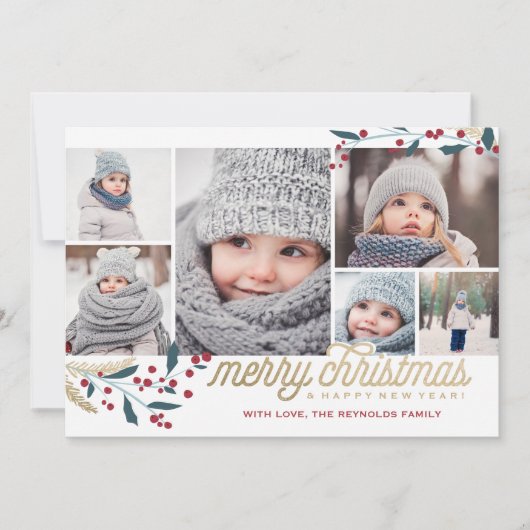 Gold Red Berries 6 FotoCollage | Frohe Weihnachten (Vorderseite)