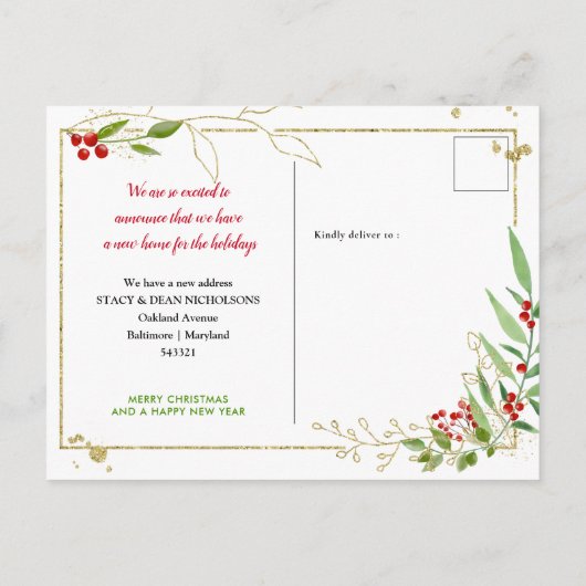 Gold Red Berry New Zuhause| Wir haben uns bewegt Ankündigungspostkarte (Rückseite)