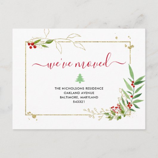 Gold Red Berry New Zuhause| Wir haben uns bewegt Ankündigungspostkarte (Vorderseite)