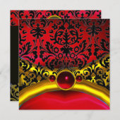 GOLD RED BLACK DAMASK RUBY GEM STONE MONOGRAMM EINLADUNG (Vorne/Hinten)