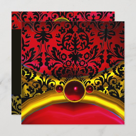 GOLD RED BLACK DAMASK RUBY GEM STONE MONOGRAMM EINLADUNG (Vorne/Hinten)