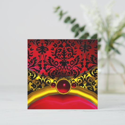 GOLD RED BLACK DAMASK RUBY GEM STONE MONOGRAMM EINLADUNG (Stehend Vorderseite)