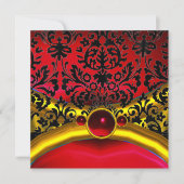 GOLD RED BLACK DAMASK RUBY GEM STONE MONOGRAMM EINLADUNG (Vorderseite)