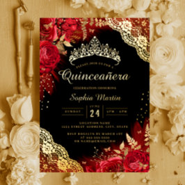 Gold Red Black Floral Lace Quinceanera Folieneinladung