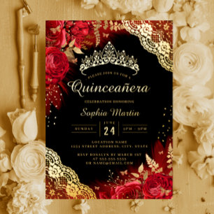 Gold Red Black Floral Lace Quinceanera Folieneinladung