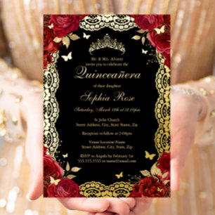Gold Red Black Rosen Lace Quinceanera Geburtstag Folieneinladung