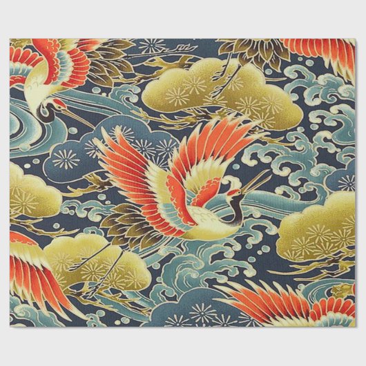 Gold Red Blue Japanisch Kimono Floral Decoupage Geschenkpapier (Flach)