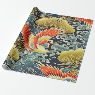 Gold Red Blue Japanisch Kimono Floral Decoupage Geschenkpapier