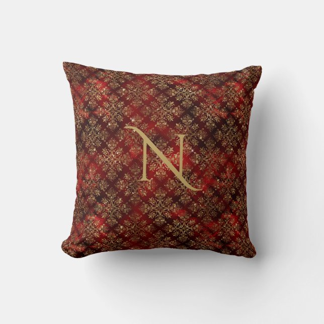 Gold Red Burgundy Monogram Damask Eleganter Chic Kissen (Vorderseite)