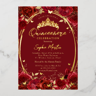 Gold Red Captivating Floral Butterfly Quinceanera Folieneinladung