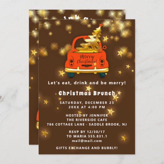 Gold Red Car Frohe Weihnachts Brunch Abendessen Br Einladung (Vorne/Hinten)
