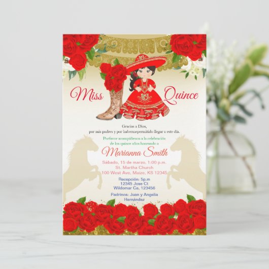 Gold Red Charro Quinceañera Einladung (Stehend Vorderseite)
