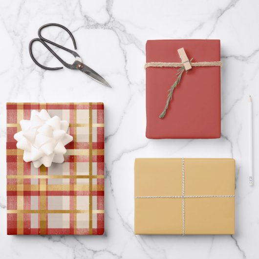 Gold Red Christmas Kariert Geschenkpapier Set (Vorderseite)
