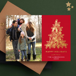 Gold & Red Christmas Pine Tree Foto Folien Feiertagskarte