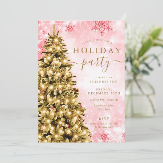 Gold Red Christmas Tree Company Holiday Party Einladung (Stehend Vorderseite)