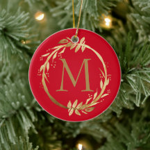 Gold Red Christmas Wreath Monogram & Family Foto