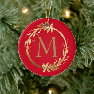 Gold Red Christmas Wreath Monogram & Family Foto Keramik Ornament