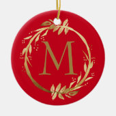 Gold Red Christmas Wreath Monogram & Family Foto Keramik Ornament (Vorne)