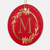 Gold Red Christmas Wreath Monogram & Family Foto Keramik Ornament (Links)