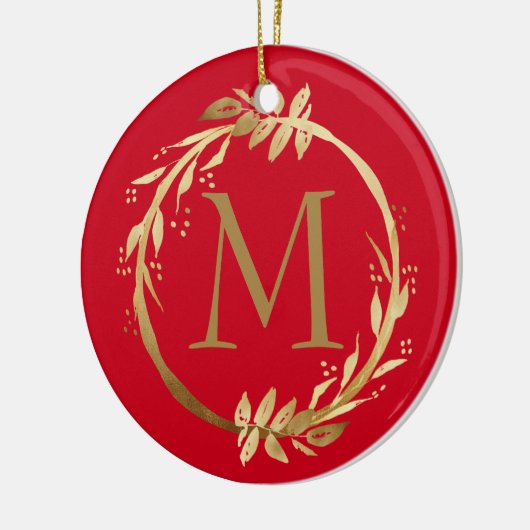 Gold Red Christmas Wreath Monogram & Family Foto Keramik Ornament (Links)