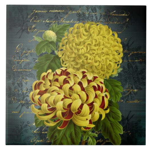 Gold Red Chrysanthemums auf Aquamarin Damaskus bei Fliese (Vorderseite)