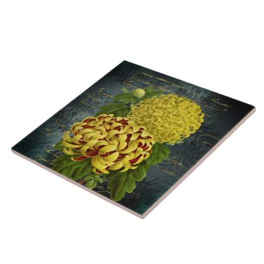 Gold Red Chrysanthemums auf Aquamarin Damaskus bei Fliese (Seite)