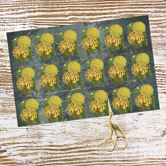 Gold Red Chrysanthemums auf Aquamarin Damaskus bei Seidenpapier