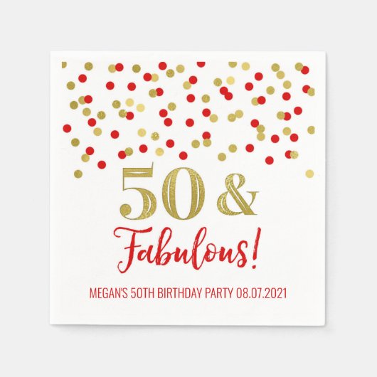Gold Red Confetti 50 & Fabulous Geburtstag Serviette (Vorderseite)