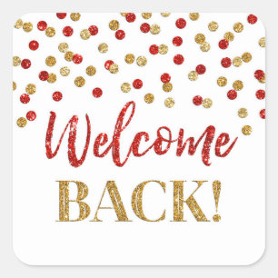 Gold Red Confetti Welcome Back Square Aufkleber