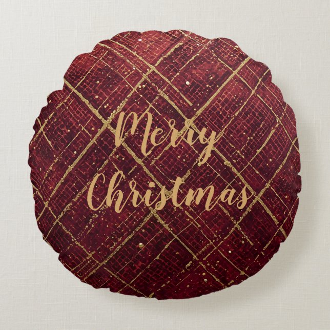 Gold Red Cross Pattern, Gold Merry Christmas Rundes Kissen (Vorderseite)