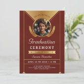 Gold Red Custom Foto Abschluss Zeremonie Einladung (Stehend Vorderseite)