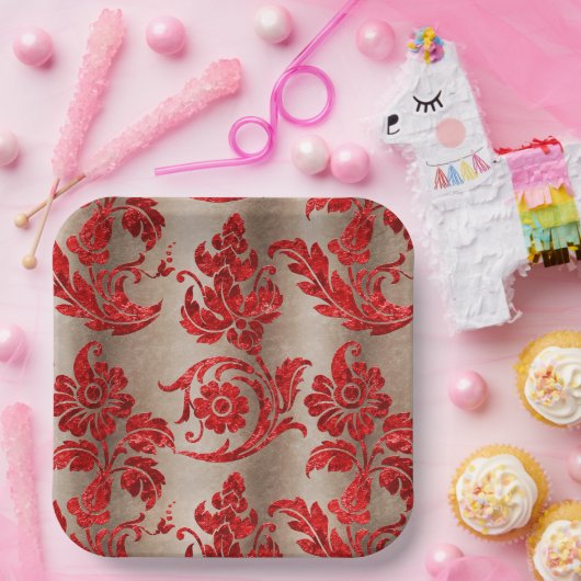 Gold Red Damask Pappteller (Party)