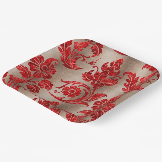 Gold Red Damask Pappteller (Gewinkelt)