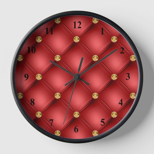 Gold Red Diamond Tufted Leder Wall Clock Uhr (Vorderseite)