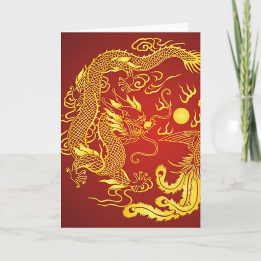 Gold Red Dragon Phoenix Chinese Wedding Favor Dankeskarte (Vorderseite)