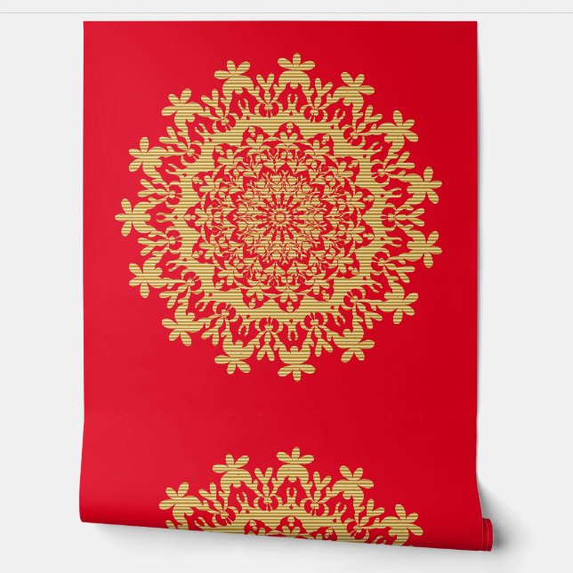 Gold Red Floral Abstrakt Mandala Tapete (Abrollen)