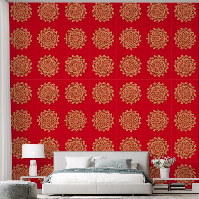 Gold Red Floral Abstrakt Mandala Tapete (Schlafzimmer)